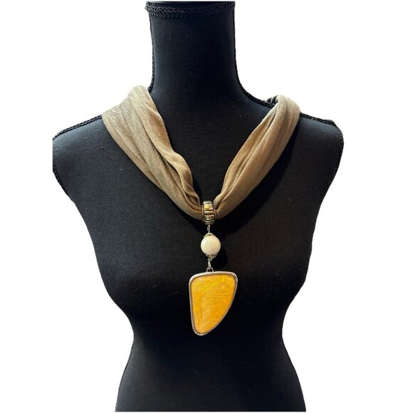 Scarf-Necklace-Women’s-Fashion-Jewelry-Statement-Pearl/Orange Pendant-Boho-Style - Picture 1 of 4